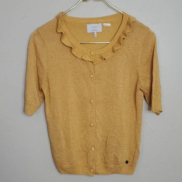 Anthropologie Numph Gold Glitter Knit Retro Cardigan Size Medium - Picture 1 of 7